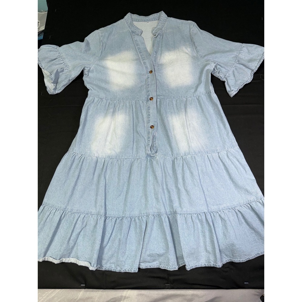 Unbranded Light Wash Denim Tiered Babydoll Dress Ruffle Sleeve Large